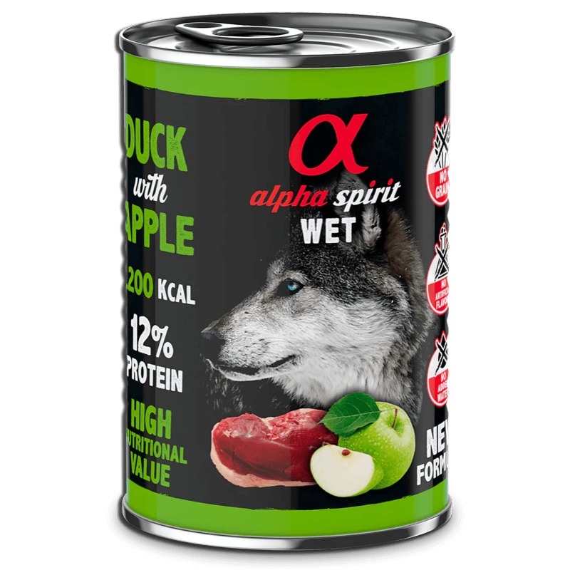 Alpha Spirit Konzerv - Kacsa és Zöld alma nedvestáp kutyáknak - 400g