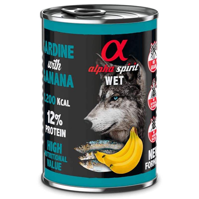 Alpha Spirit Konzerv - Szardínia és Banán nedvestáp kutyáknak - 400g