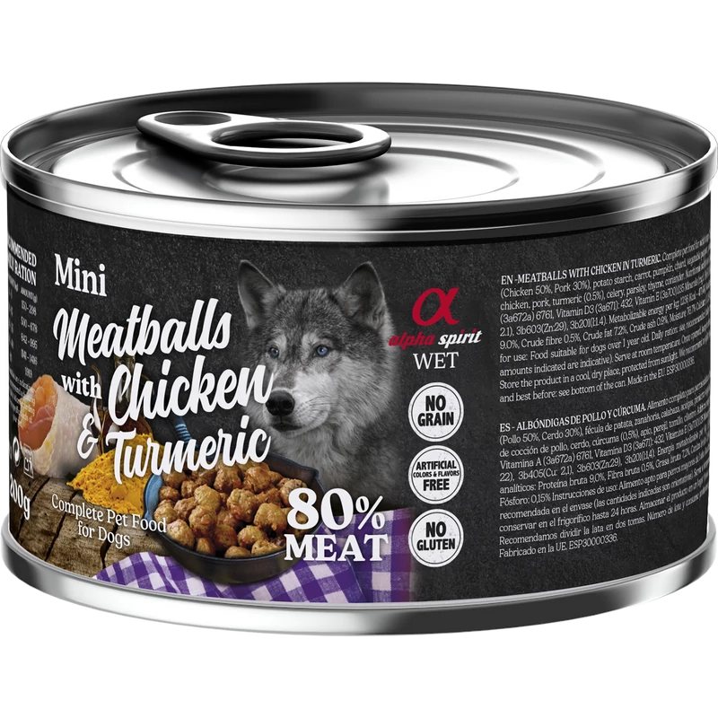 Alpha Spirit Meatballs - Csirke és Kurkuma nedvestáp kutyáknak - 200g