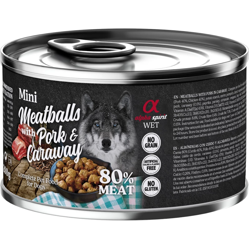 Alpha Spirit Meatballs - Sertés és Kömény nedvestáp kutyáknak - 200g