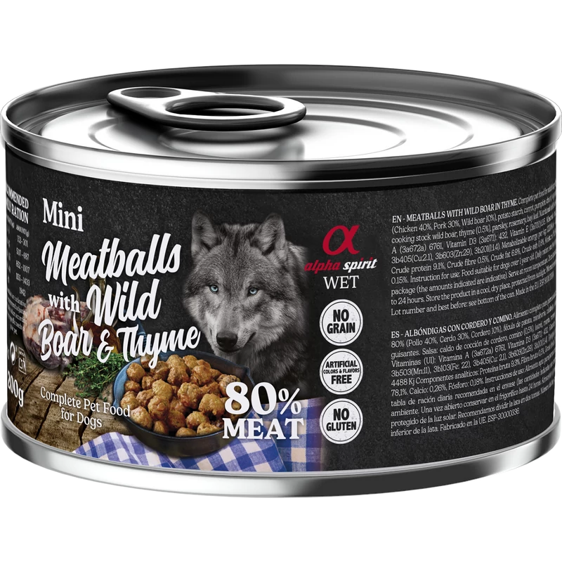 Alpha Spirit Meatballs - Vaddisznó és Kakukkfű nedvestáp kutyáknak - 200g